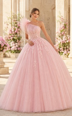 Vestido de gala largo hasta el suelo de tul con encaje floral y plumas, color rosa rubor, estilo princesa, de un solo hombro, ideal para quinceañeras o graduaciones.