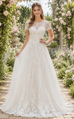 Short Sleeve Illusion Lace A Line Spring Garden Bridal Gown
