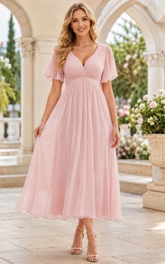 Romantisches Kleid aus Chiffon in Empire-Rosé mit V-Ausschnitt, flatternden Ärmeln und Knöchellänge