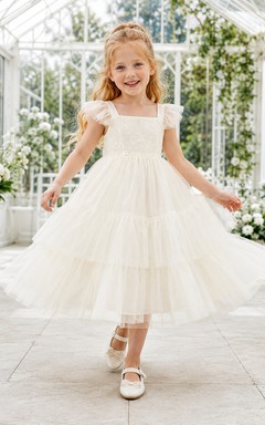 Flower Girl Dress Ivory Tulle A-Line Flutter Sleeve Square Neck Tea Length Ruffle Detail Tiered Skirt