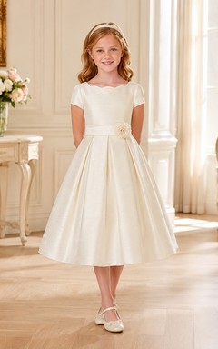 Robe de demoiselle d'honneur mi-longue à manches courtes en satin avec nœud papillon, pour communion