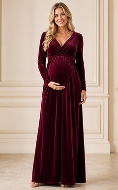 Robe de maternité bordeaux romantique en velours à col en V, manches longues et coupe empire