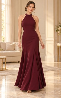 Simple Mermaid Burgundy High Neck Halter Flared Panel Formal Gown