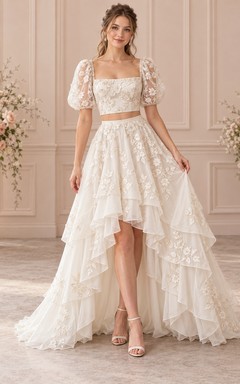 Two Piece High-low Square Neck Lace Puff Sleeve Wedding Dress