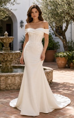 Modern Off Shoulder Draped Satin Mermaid Chapel Train Hacienda Wedding Dress