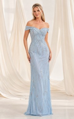 Sky Blue Off-the-Shoulder Sleeveless Chiffon Sheath Gown