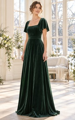 Brautjungfernkleid aus tannengrünem Samt mit eckigem Ausschnitt und flatternden Ärmeln