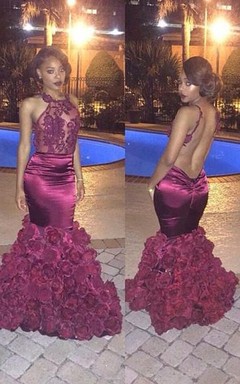Gorgeous Halter Taffeta Evening Dress Mermaid Flowers on Sale