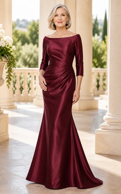 Burgunderfarbenes Meerjungfrauen-Kleid aus Satin mit Bateau-Muster