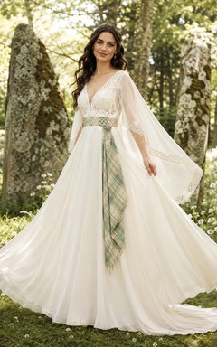 Schottisches keltisches Tartan-Schärpen-Chiffon-Boho-Hochzeitskleid mit langen Fledermausärmeln und V-Ausschnitt