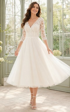 Romantic Deep V Three Quarter Lace Sleeve Tulle A Line Courthouse Wedding Dress