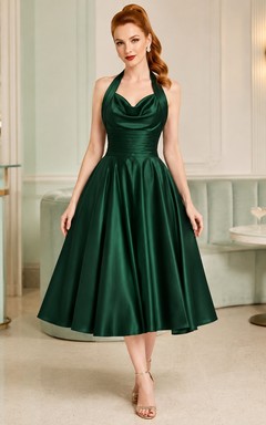 Dark Green Halter Cowl Satin Vintage A-Line Tea-Length Formal Evening Dress