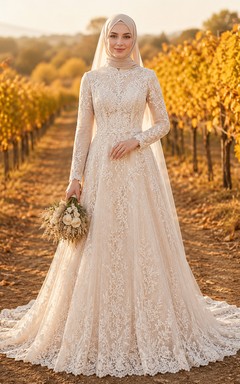 Vestido de novia musulmán modesto de encaje con cuello alto y manga larga, corte en A, ideal para otoño.