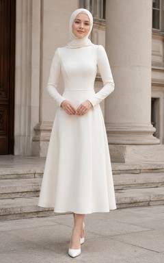 Vestido de novia civil musulmán modesto de cuello alto y manga larga hasta la rodilla