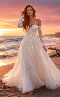 Beach Off Shoulder Lace Sleeve Applique A-Line Wedding Dress