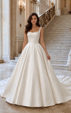 Satin Tulle Wedding Dress Ball Gown Spaghetti Strap Sweep Train Low V Back Bridal Gown