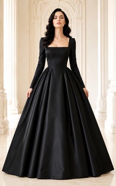 Vestido de fiesta de lujo de satén negro de manga larga con escote cuadrado, estilo Dinastía Noir, largo hasta el suelo.