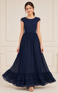 Dunkelblaues Brautjungfernkleid für junge Damen, A-Linie, Rundhalsausschnitt, kurze Ärmel, Chiffon, Rüschensaum, romantisch