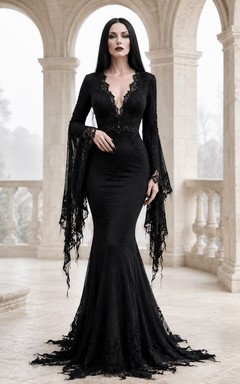 Vintage Black Deep V Long Bell Sleeve Lace Mermaid Court Train Gothic Gown