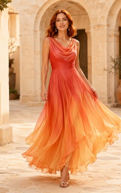 Vestido largo de gasa con escote drapeado y corte en A en tonos naranjas degradados
