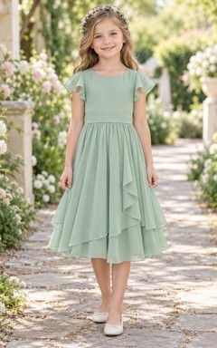 Tea-length Celadon Bateau Flutter Sleeve Layered Chiffon A-line Flower Girl Dress