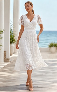 Elfenbeinfarbenes, formelles Gästekleid mit V-Ausschnitt, kurzen Ärmeln, Spitze und A-Linie für den Garten