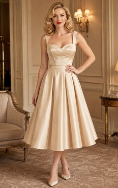 Champagne Spaghetti Satin Tea Length A Line Cocktail Dress