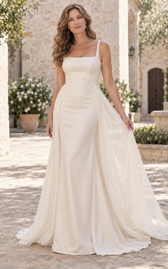 Vestido de novia convertible de satén con escote cuadrado, sobrefalda de tul desmontable y cola larga.