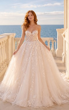 Applique Ball Gown Wedding Dress with Tulle Chapel Train