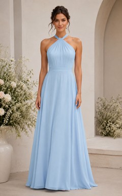 Sky Blue Halter A-Line Chiffon Bridesmaid Dress