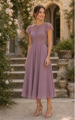 Mauve A-Line Lace Bodice Tea-Length Mother Dress