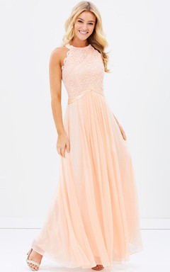 Ärmelloses, appliziertes Brautjungfernkleid aus Chiffon in Rosé mit Rundhalsausschnitt und Schleife