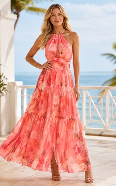 Coral Resort Wedding Guest Dress A-Line Chiffon Halter Sleeveless Floor-Length Floral Backless