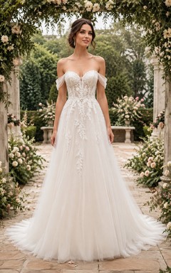 Off Shoulder A-Line Lace Wedding Dress with Floral Appliques and Chapel Train