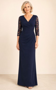 Dark Navy Floor-Length Sheath Elegant Mother of the Bride Gown with V-Neck Three-Quarter Lace Sleeves and Diagonal Ruching