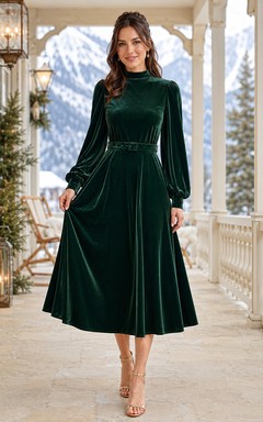 Dark Green High Neck Long Puff Sleeve Belted Velvet A Line Tea Guest Dress