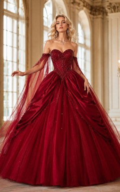 Fantasy Burgundy Strapless Sweetheart Draped Tulle Ball-Gown Backless Formal Prom Dress