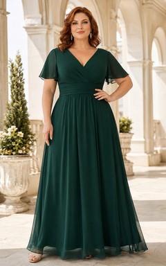 Smaragdgrünes Chiffon-Abendkleid in Übergröße mit V-Ausschnitt