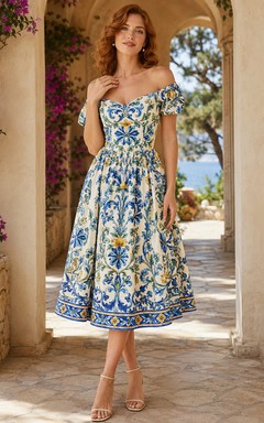 Blue Italian Ceramic Off Shoulder Puff Sleeve Midi Guest Dress