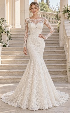 Vintage Long Sleeve Illusion Sweetheart Lace Mermaid Bridal Wedding Dress