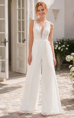 Romantic Bridal Jumpsuit Lace Deep V Neck Sleeveless Wide Leg Wedding Outfit