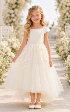Flower Girl Dress Ivory Lace Tulle A-Line Short Sleeve Scoop Neck Tea Length