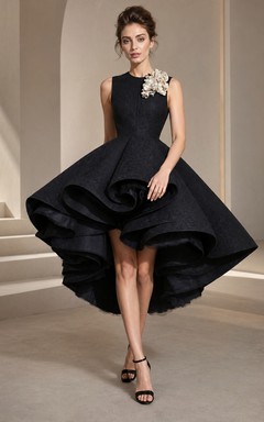 Vestido de cóctel/boda/fiesta negro formal gótico asimétrico con volantes y múltiples capas y escote joya