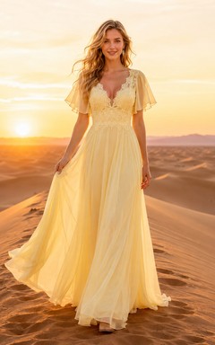 Yellow Flutter Sleeve Chiffon Desert Boho Bridal Gown