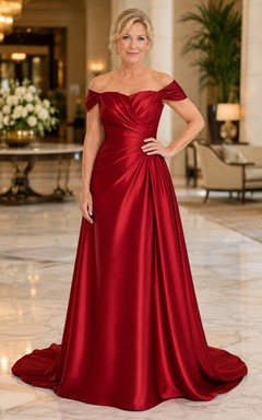 Mutterkleid aus rotem Satin, A-Linie, kurze Ärmel, schulterfrei, Schleppe, gerafft