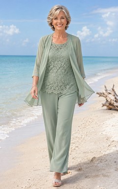 Sage Romantic Scalloped-Lace Tunic Tapered Mother of the Bride Pantsuit with Three-Quarter Chiffon Jacket and Ankle Trousers