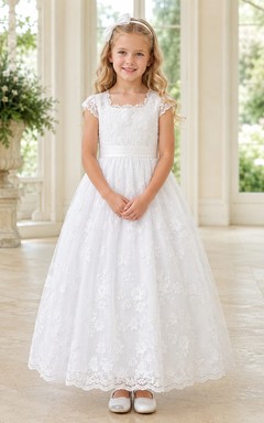 Princess White Square Neck Cap Sleeve Lace A-Line Floor-Length Flower Girl Dress