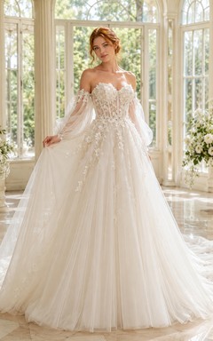 Robe de mariée en dentelle et tulle, robe de bal, épaules dénudées, traîne, ornée d'appliqués