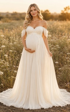 Umstandsbrautkleid, schulterfrei, schlichtes A-Linien-Tüllkleid mit herzförmigem Oberteil und Schleppe