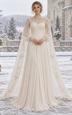 Elegantes, langärmeliges Brautkleid mit Stehkragen aus Chiffon und Spitze